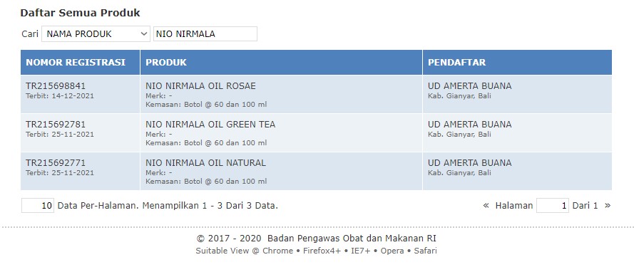 nomor registrasi - nio nirmala oil
